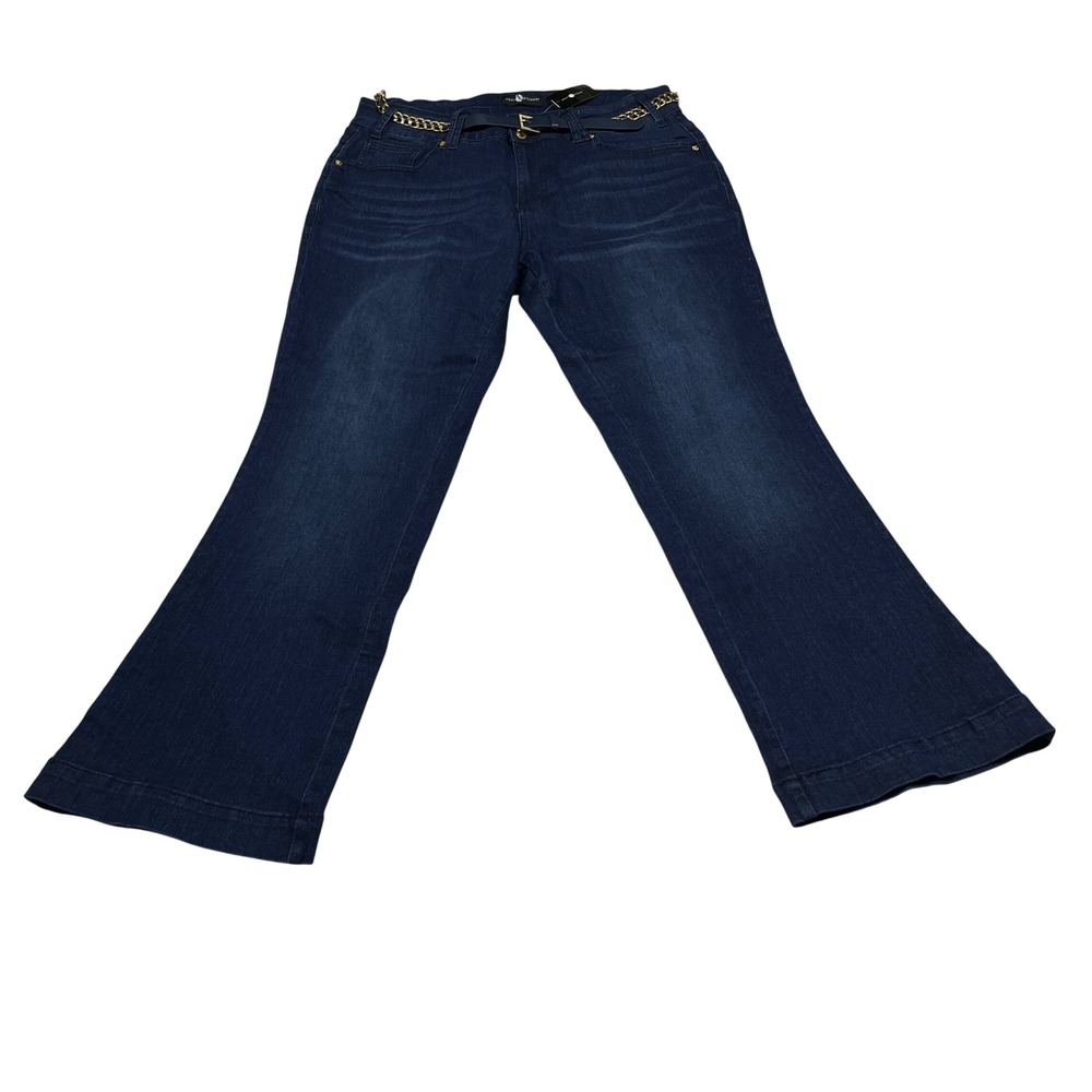 Ashley Stewart‎ Womens Jeans 16 Dark Rinse Flare Stretch Gold Chain Belt